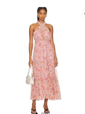ASTR The Label Jaidee Pink Floral Tiered Halter Maxi Dress - L
